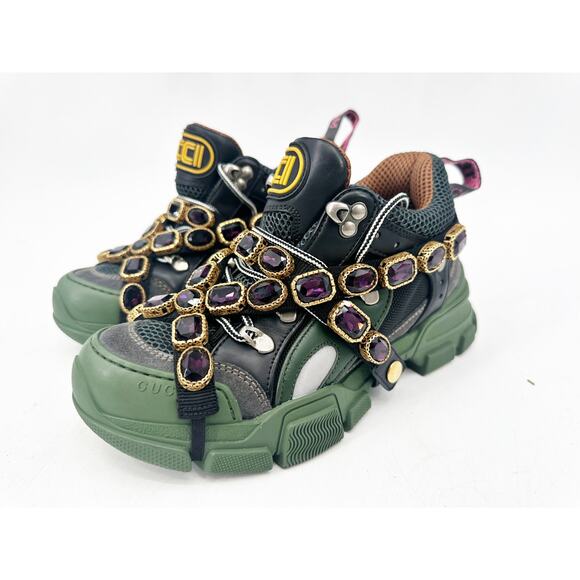Gucci Flashtrek Chunky Green Gray Leather Crystal Embellished Sneakers Size 36.5 - Picture 9 of 9